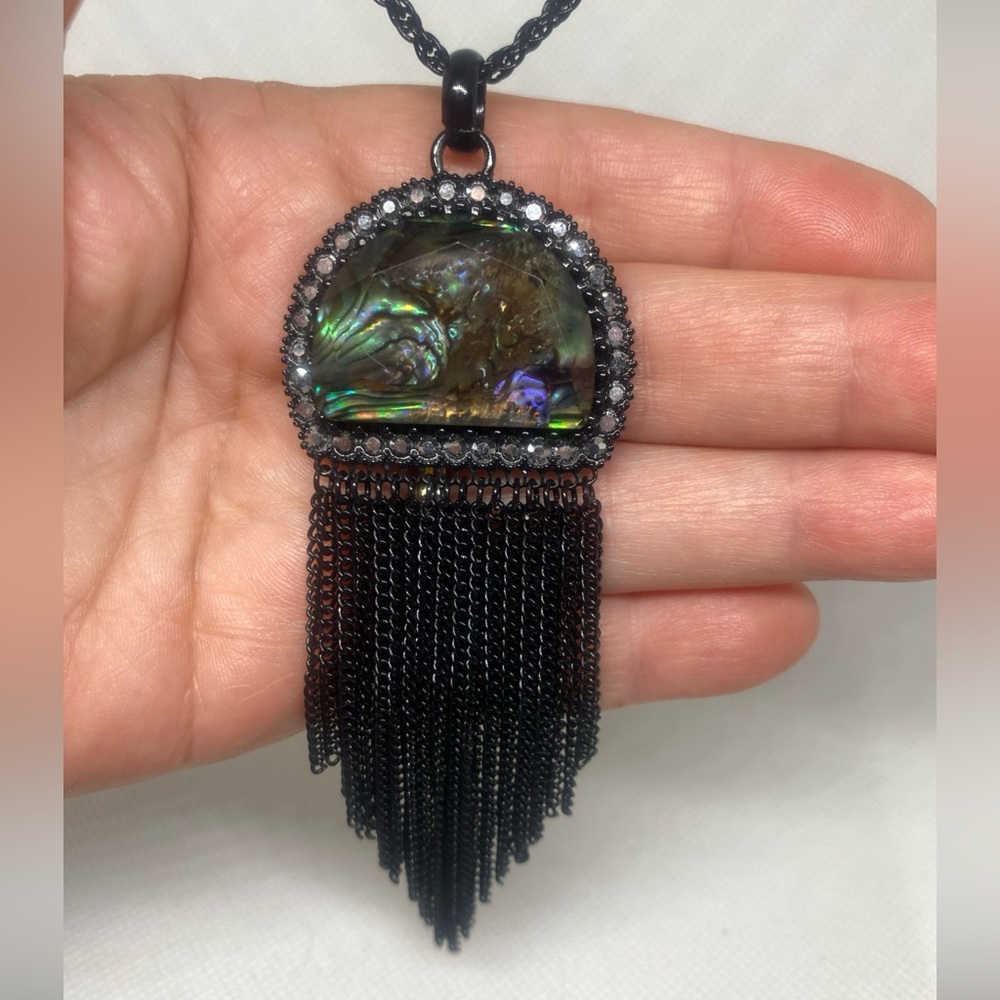 Park Lane Rhinestone Abalone Black Metal Chain Tassel Pendant Necklace